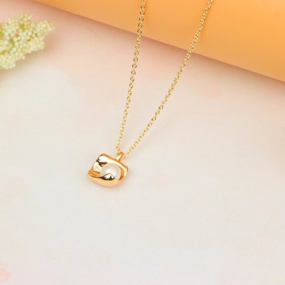 "Rose Gold Necklace with Modern Square Pendant and Pearl Accent, XPNL1885 - Picture 9 of 13